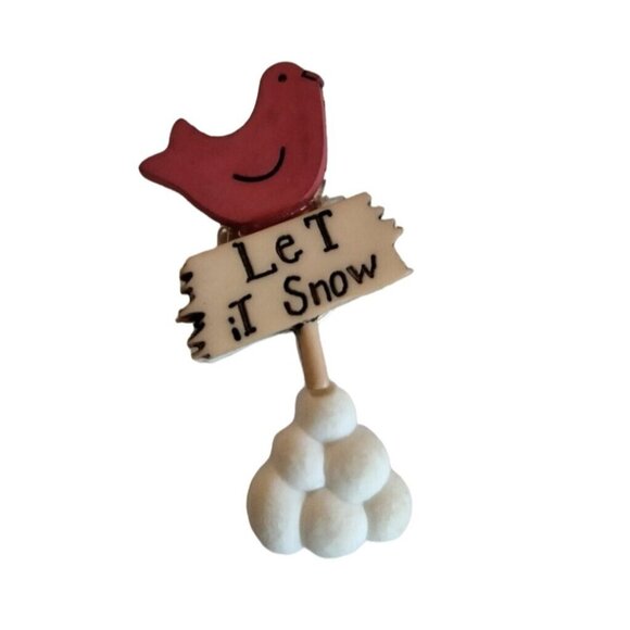 Let it Snow Sign Pinback Cardinal Snowballs Red Bird Winter Pin Brooch - Picture 2 of 4